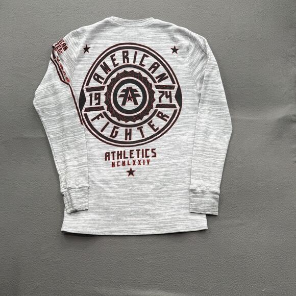 American Fighter Shirt Mens Large Heather Gray Long Sleeve Graphic Crewneck 1974 - Picture 2 of 9